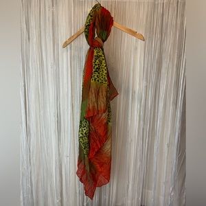 Jeweled Toned Scarf with Animal Print Accent.